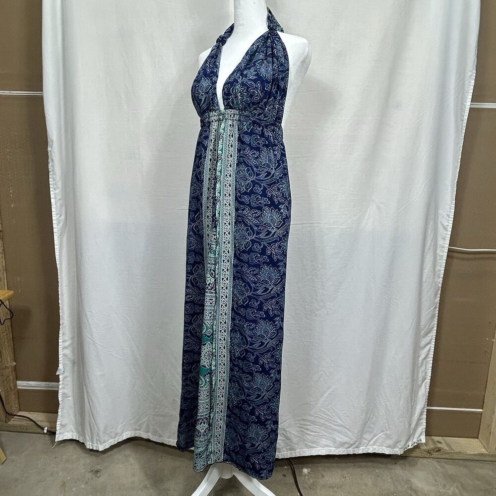 Fashion Nova Blue Paisley Low Cut Maxi Halter Dress Boho Tropical Beach Travel M
